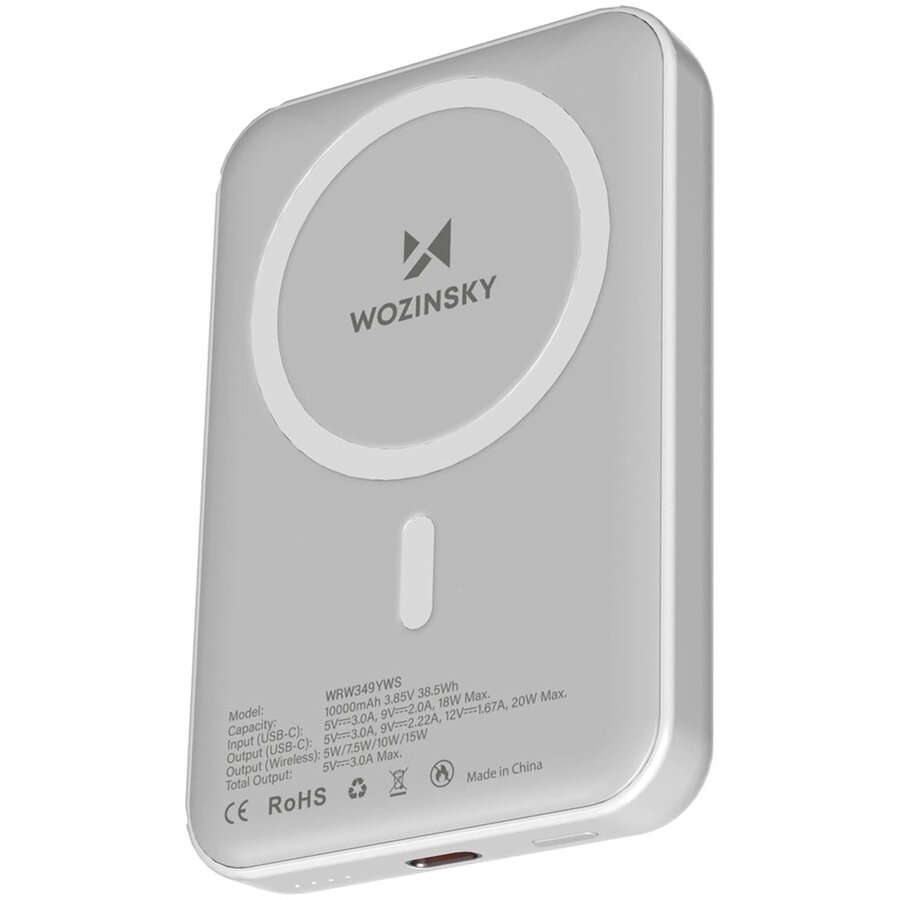 Acumulator extern WRW349YWS 10000mAh, 15W, USB-C, Wireless, Cablu inclus, Alb