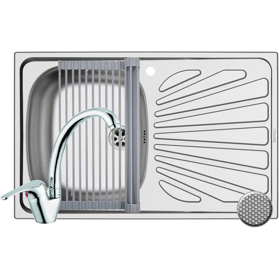 Chiuveta Creta 1B1D ST LN Baterie Sereno Crom si Roll Up Argintiu