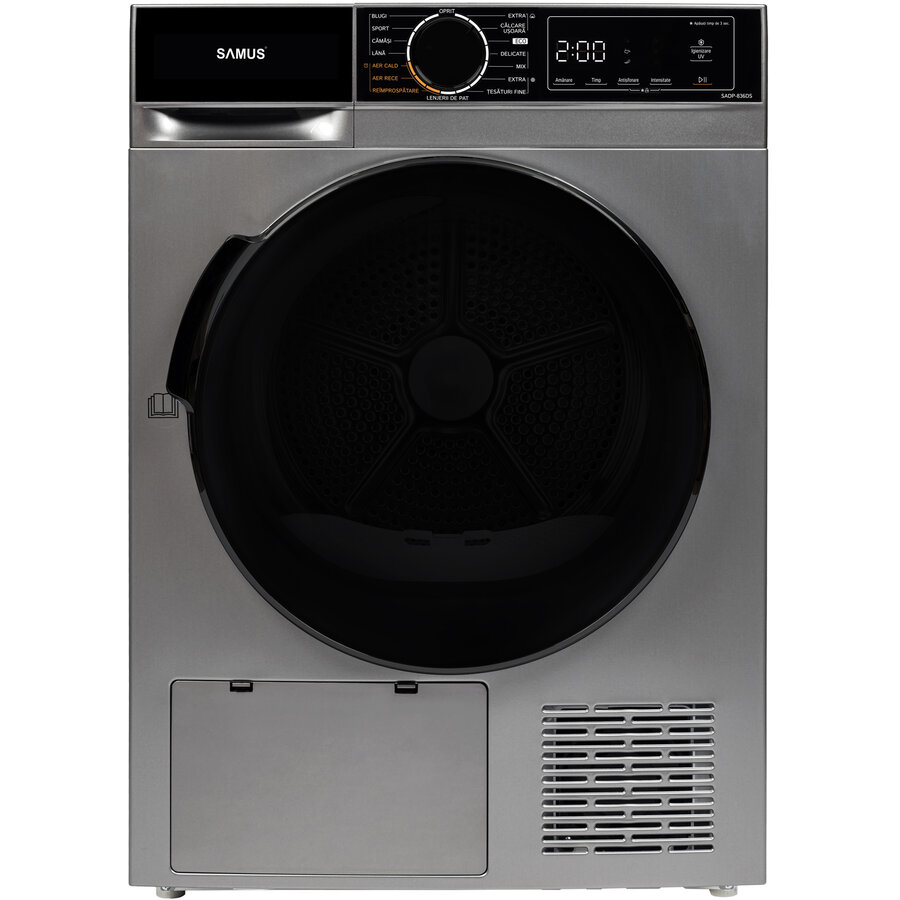 Uscator de Rufe cu Pompa de Caldura SADP-836DS 8KG 15 Programe Igienizare UV Pornire Intarziata Clasa D Gri Inchis