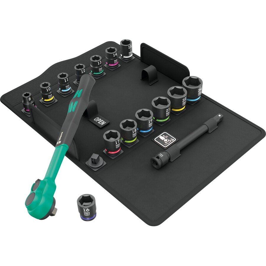 8100 SB 12 Zyklop Comfort ratchet set, 3/8, tool set (black/green, 16 pieces, comfort ratchet with reversing lever)