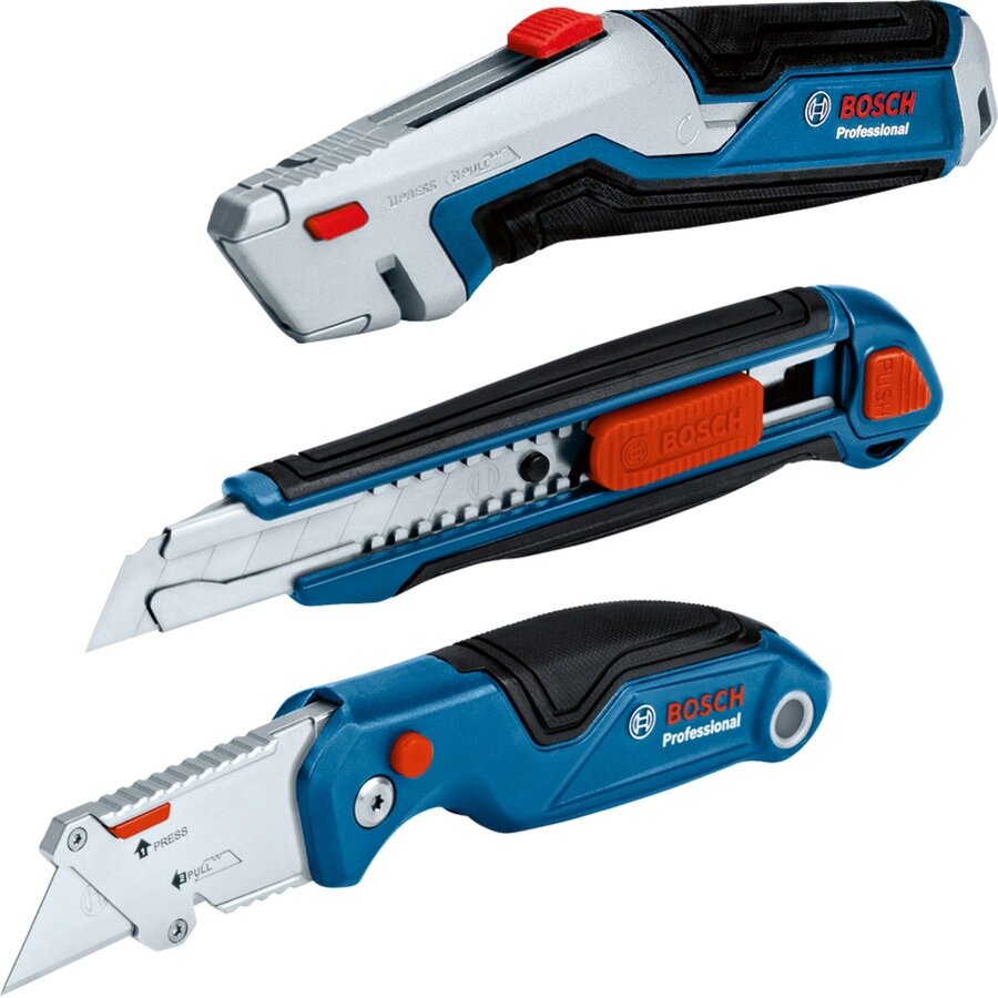 Bosch professional knife set, 3 pieces, carpet knife (blue, for snap-off blades and trapezoidal blades)