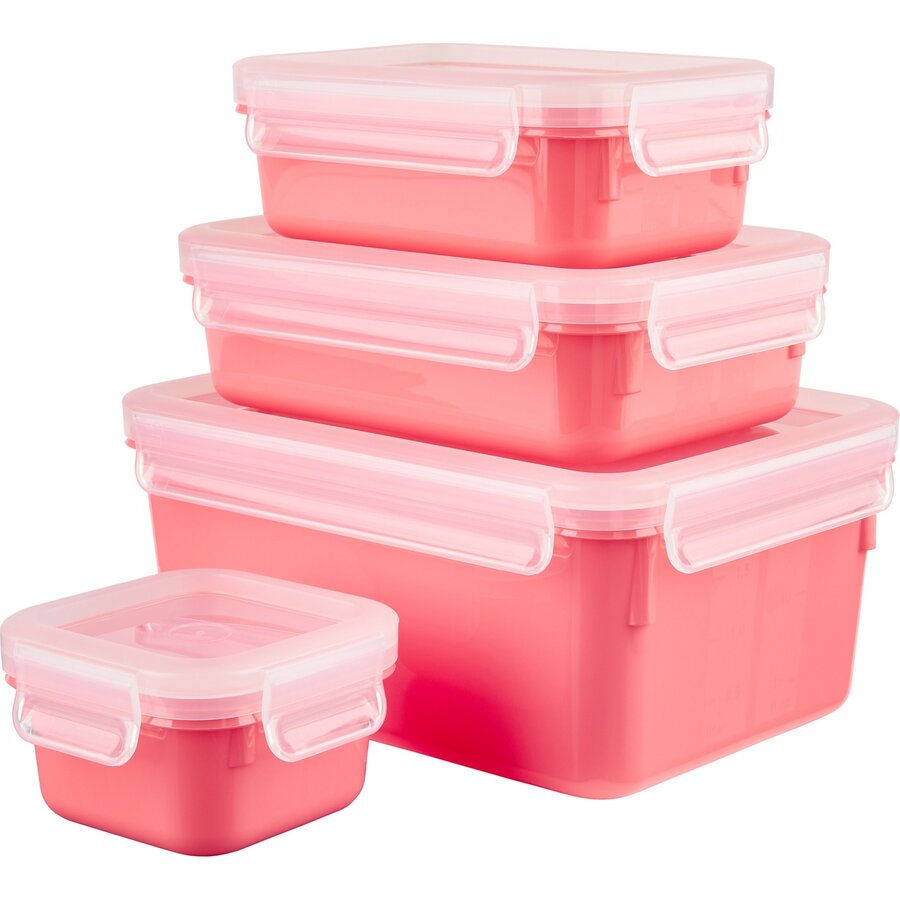 CLIP & CLOSE Color food storage container, 4-piece set (coral/transparent, rectangular, 4 containers + 4 lids)