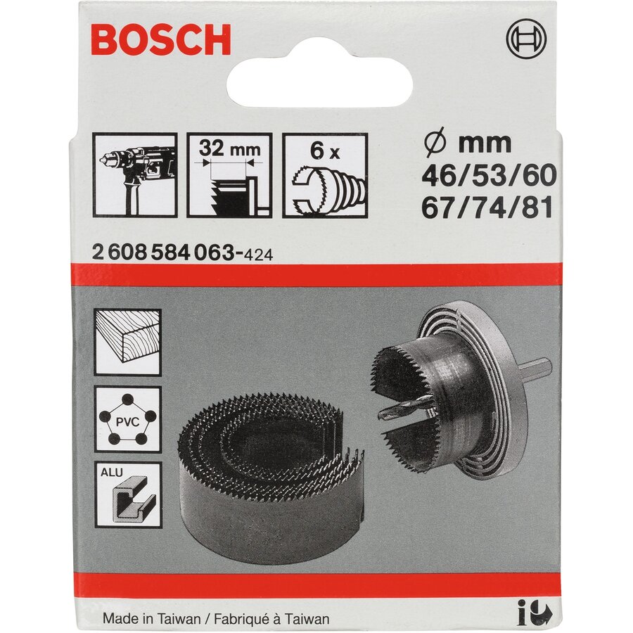 Bosch hole saw set,  46-81mm, for aluminium (6 pieces, working length 32mm)