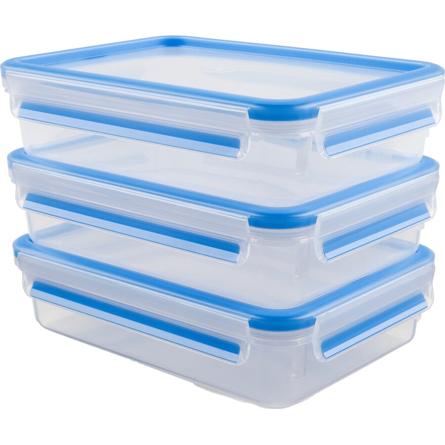 CLIP & CLOSE food storage containers 1.2 liters (transparent/blue, rectangular, 3 pieces)