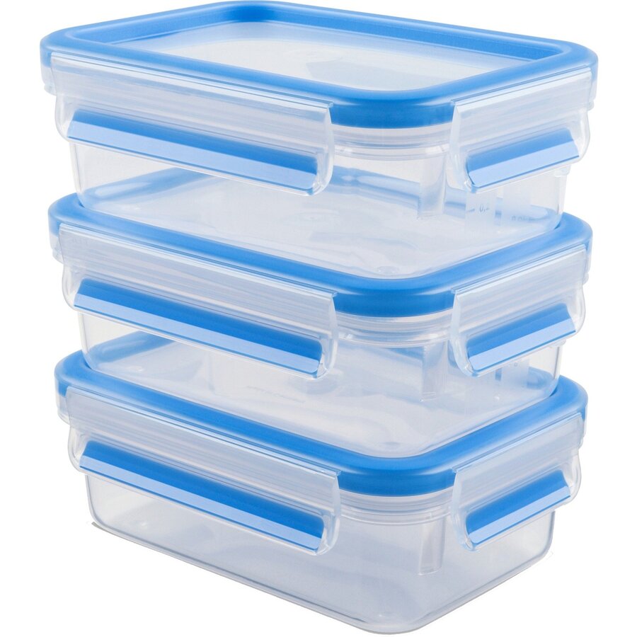 CLIP & CLOSE food storage containers 0.55 liters (transparent/blue, rectangular, 3 pieces)