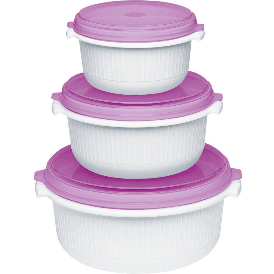 MICRO FAMILY microwave pot, starter set 3-piece, tin (white/violet, 3 pots, 3 lids)