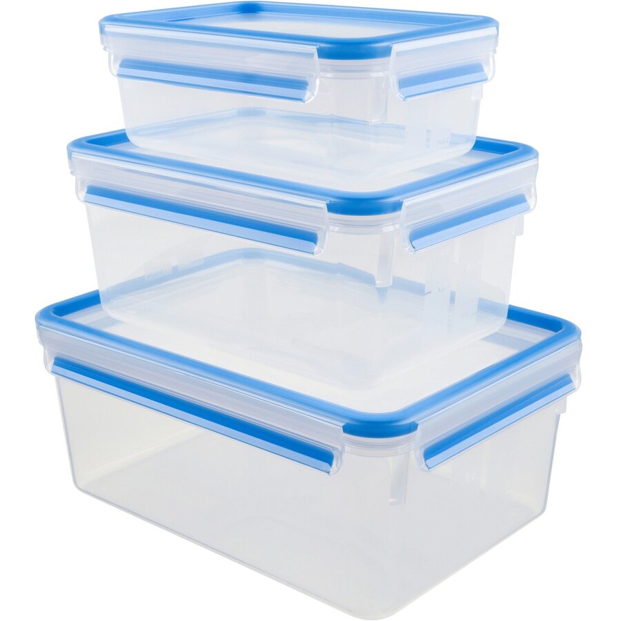 CLIP & CLOSE food storage container set, 3-piece (transparent/blue, rectangular, 3 containers + 3 lids)