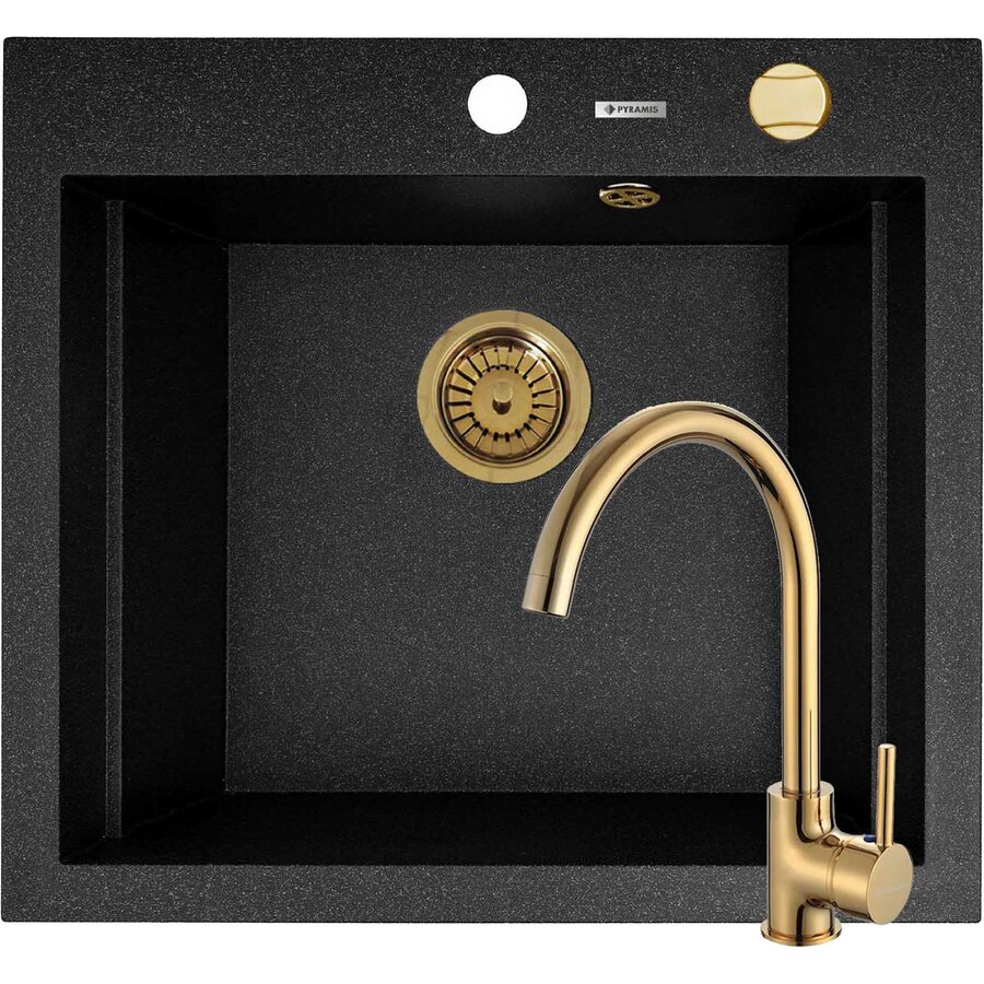 Set Chiuveta Granit SIROS 57x51.5 1B Black si Baterie ECO BELLO Gold