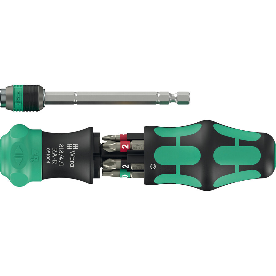 Kraftform Kompakt 20 RA-R with pouch, bit set black/green, 6-piece, 1/4, with ratchet function and Rapidaptor quick-change chuck