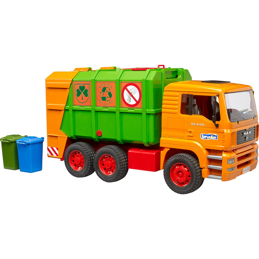 Jucarie MAN TGA garbage truck rear loader, toy vehicle orange