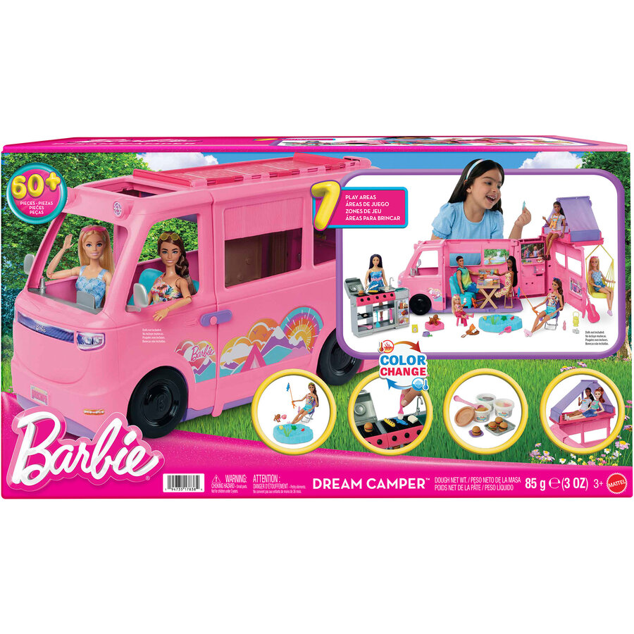 Barbie Barbie Super Adventure Camper Playset, Toy Vehicle with Rooftop Tent, Color-Change Grill and 60 Accessories