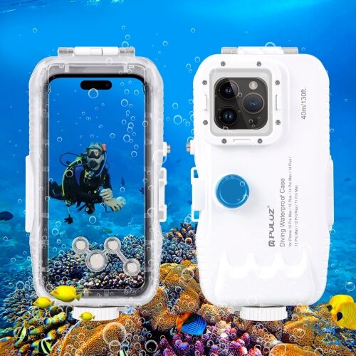 Husa Subacvatica PULUZ PU9116W pentru iPhone 15 Plus / 15 Pro Max / 14 Plus / 14 Pro Max / 13 Pro Max / 12 Pro Max / 11 Pro Max Alb