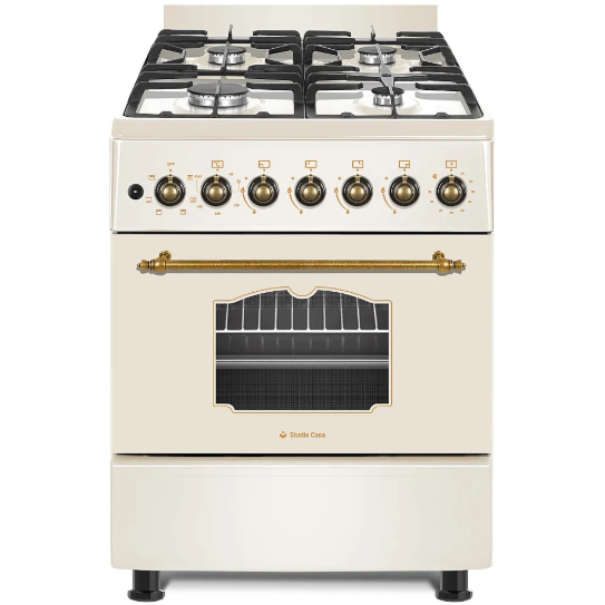 Aragaz rustic 4 arzatoare gaz Cuptor electric 57x57cm Alma Retro Rotisor Ventilator Aprindere electrica Crem