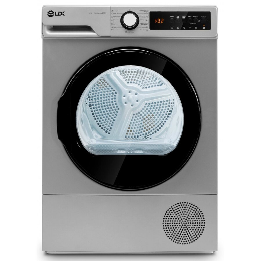 Uscator de Rufe Higeea 9DPS Pompa de Caldura 9Kg 15 Programe Antisifonare Calcare Usoara Selectare Nivel Uscare Amanare Pornire Argintiu