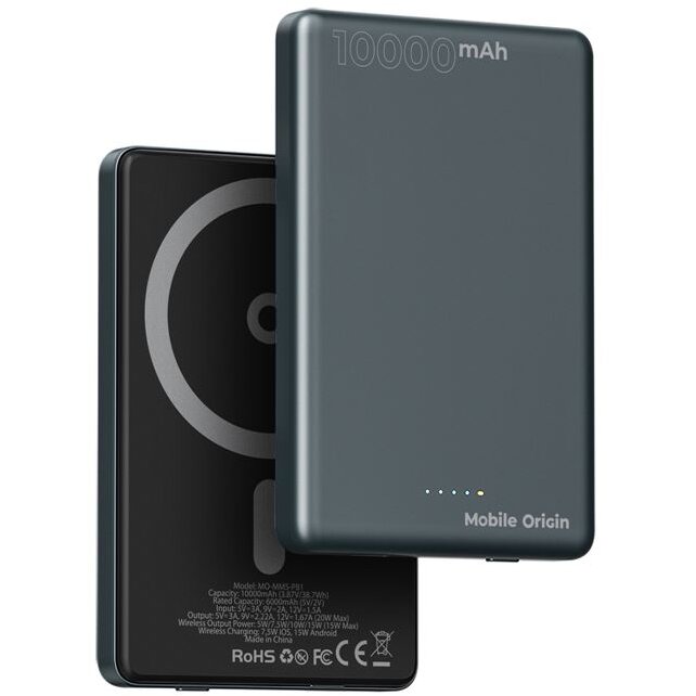 Baterie externa Mobile Origin, 10000 mAh, 20W incarcare USB-C, 15W incarcare Wireless, Gri - imagine 2