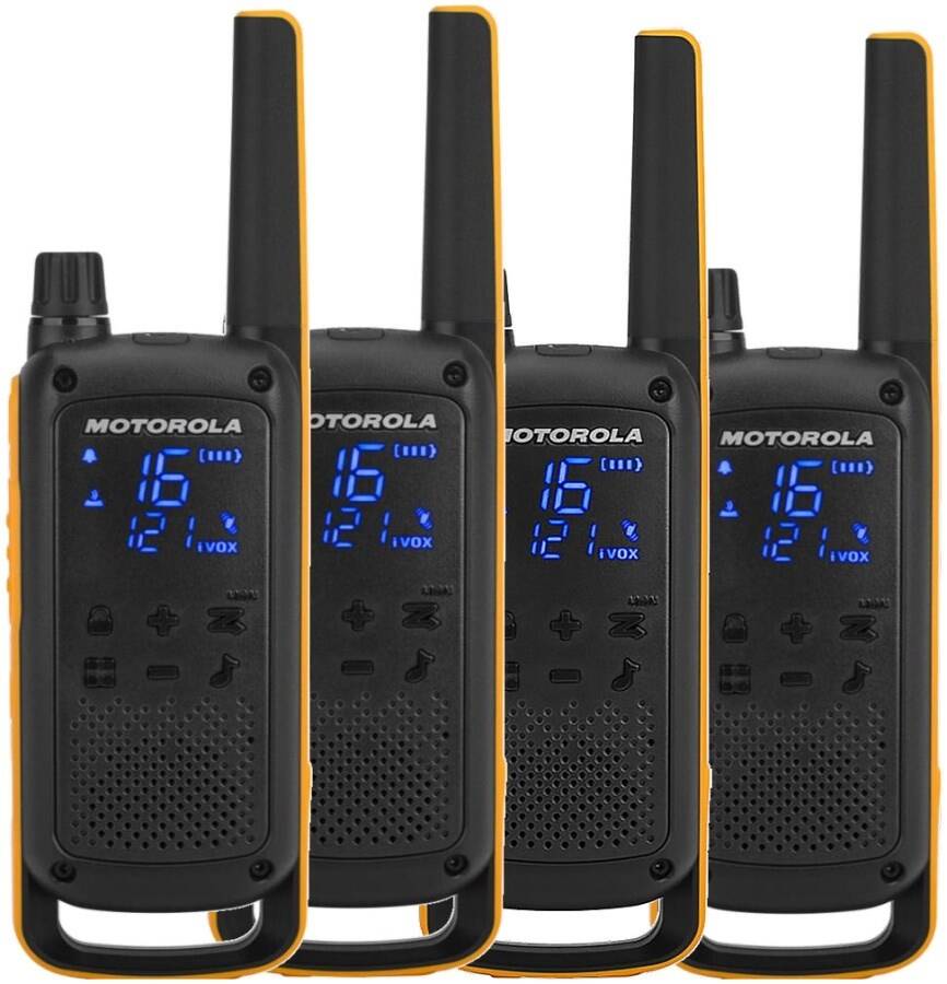 Motorola Kit 4 Statii Radio Emisie/Receptie Talkabout T82 Extreme Quad Pack Lanterna LED 16 Canale IPX4 Raza de Functionare 10KM Negru/Portocaliu