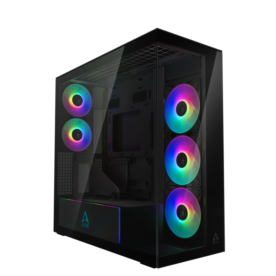 Carcasa Arctic Xtender Mirror BK VG Mid Tower Max 8xfan 3xP14 ProR ARGB și 2xP12Pro ARGB Instalate PSU shroud 24 LED ARGB USB-C x 1 USB 3.2 x 2 Audio+Mic 7 Sloturi Expans Negru