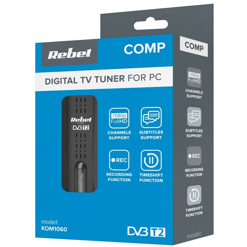 Tuner Digital pentru PC/Laptop KOM1060 DVB-T2 / DVB-C / DVB-T / H.265 / HEVC USB Negru