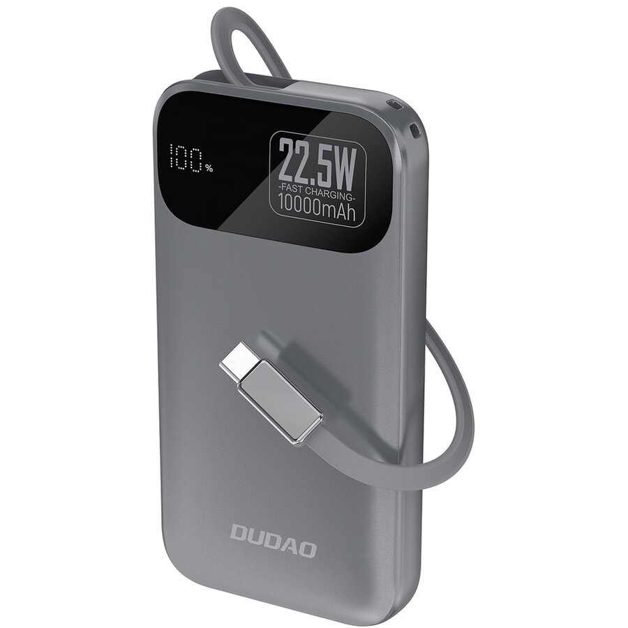 Baterie Externa K31 10000mAh 1x USB-C Display LED Cablu Retractabil USB-C Fast Charge 22.5W Gri