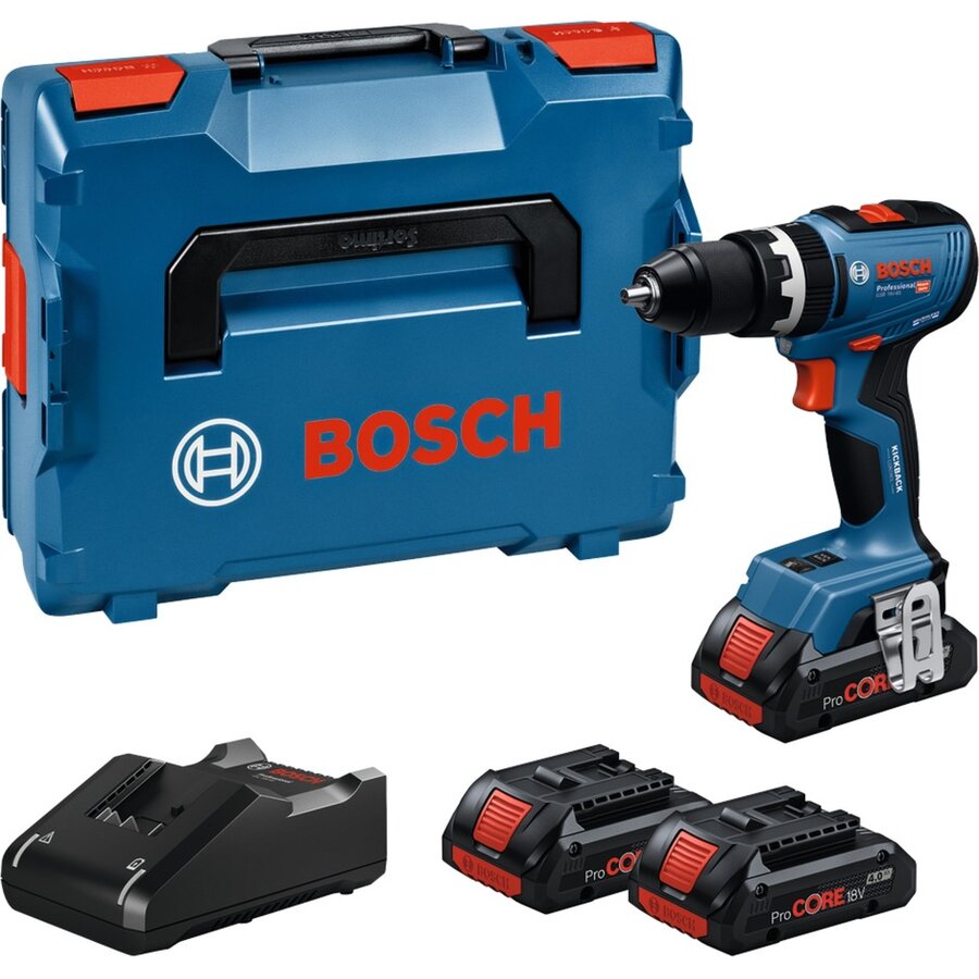 Bosch Professional cordless impact drill GSB 18V-65 Professional, 18Volt blue, 2x Li-Ion battery ProCORE18V 4.0Ah, in L-BOXX