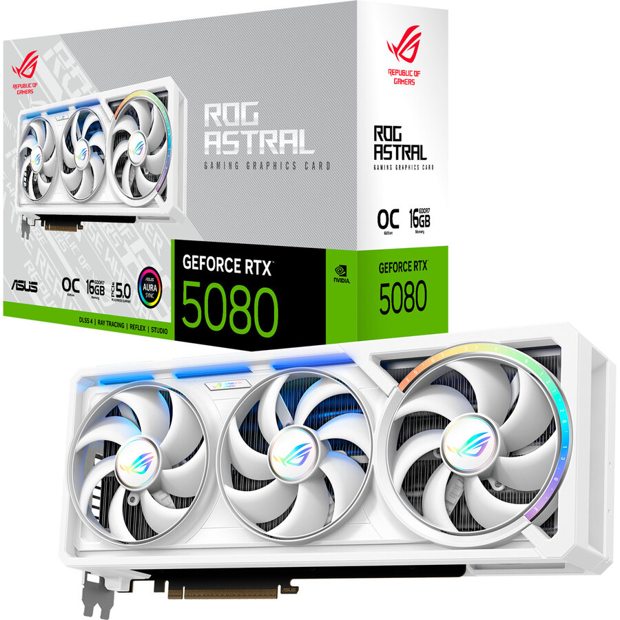 Placa video GeForce RTX 5080 ROG ASTRAL GAMING OC WHITE, graphics card DLSS 4, 3x DisplayPort, 2x HDMI 2.1