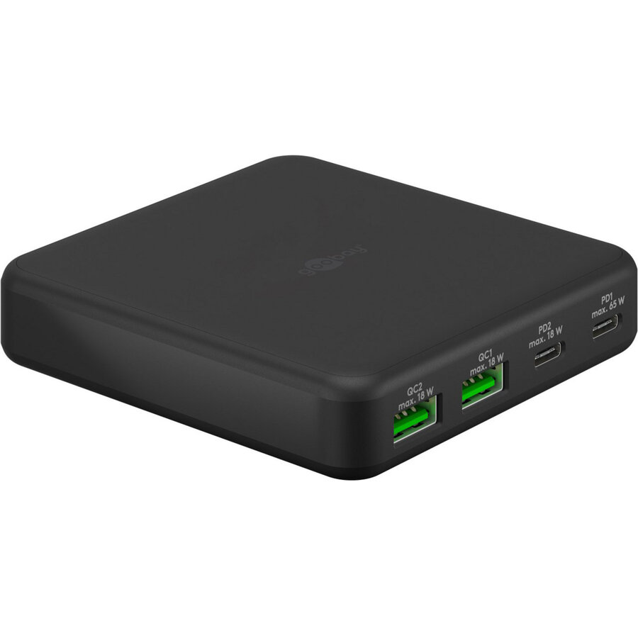 Incarcator de Birou 65813 Multiport GaN 65W 2x USB-C PD  2x USB-A QuickCharge 3.0 Negru