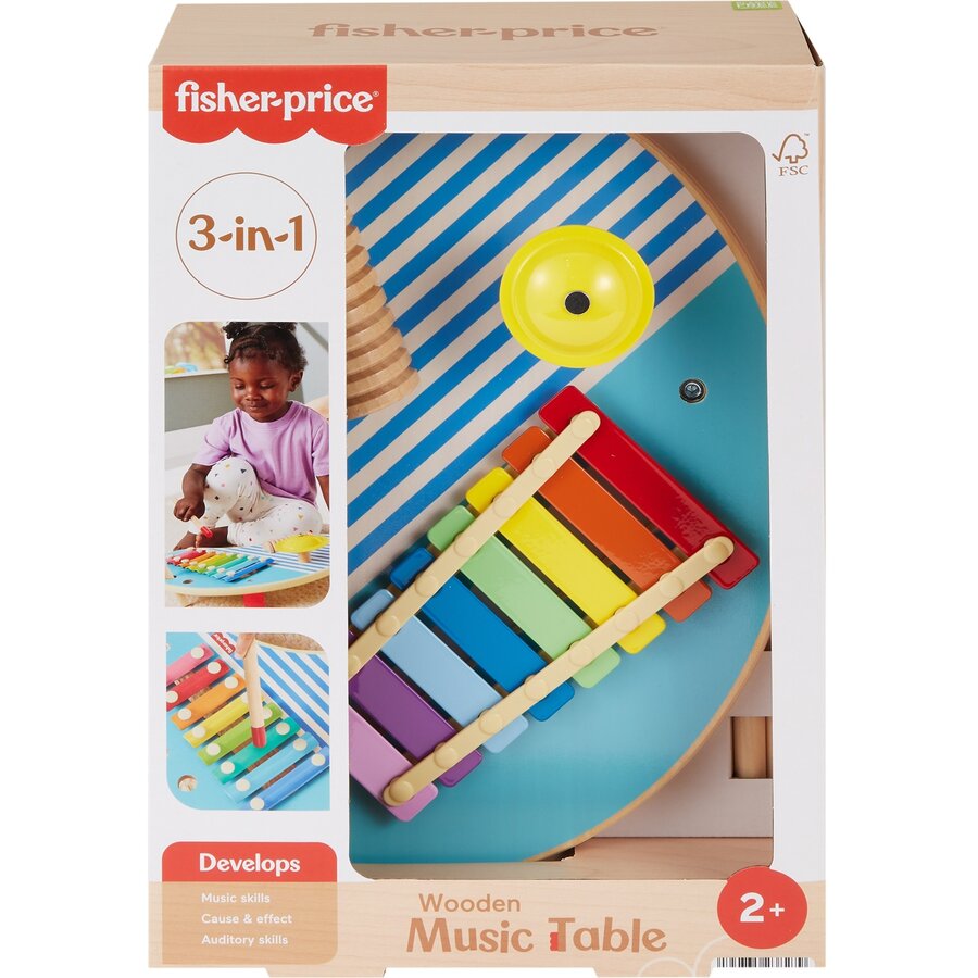 Fisher-Price Wooden Music Table with 3 Percussion Instruments, Musical Toy