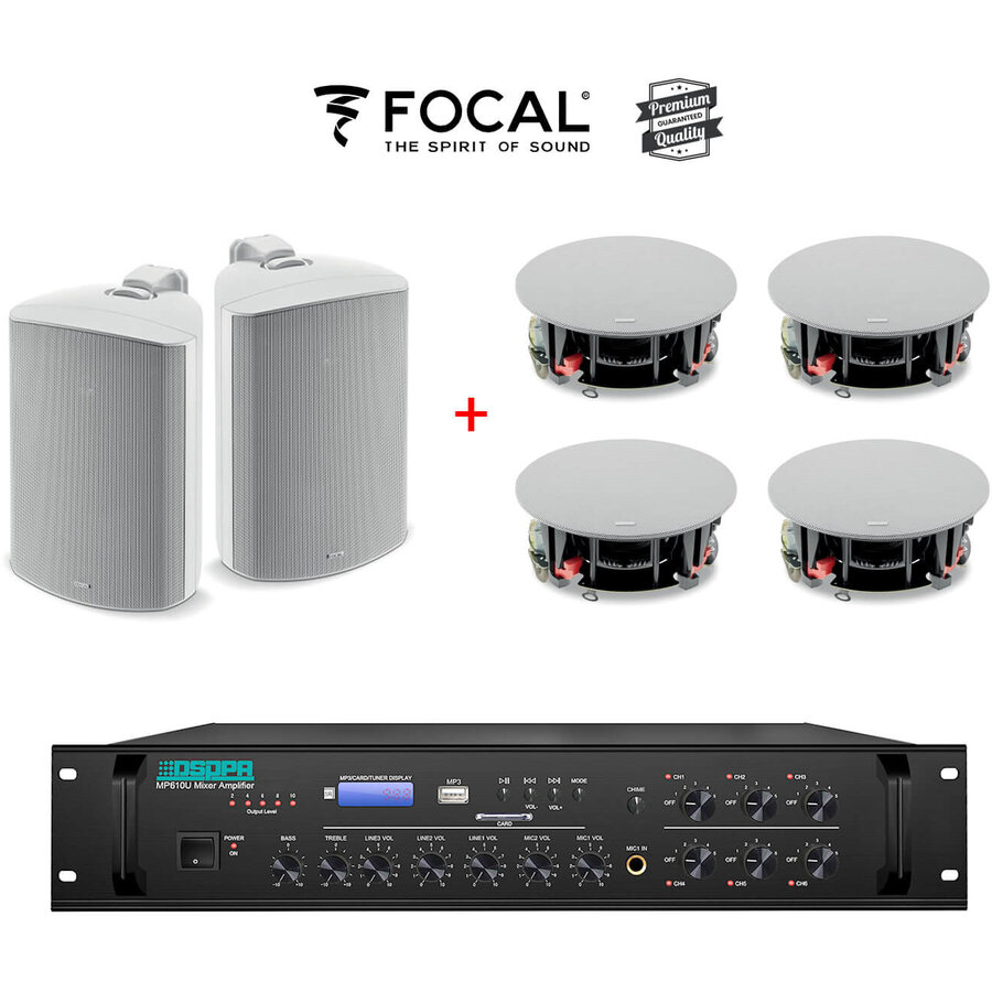 Sistem Sonorizare Premium 180W Cafenea / Restaurant Interior si Exterior cu Boxe Focal si DSPPA MP610U