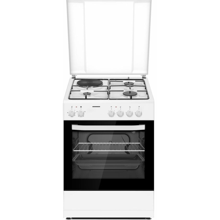 Aragaz Mixt HFSC-S60E1HSWH 3 Arzatoare Gaz + 1 Plita Electrica Capac Metalic Alb