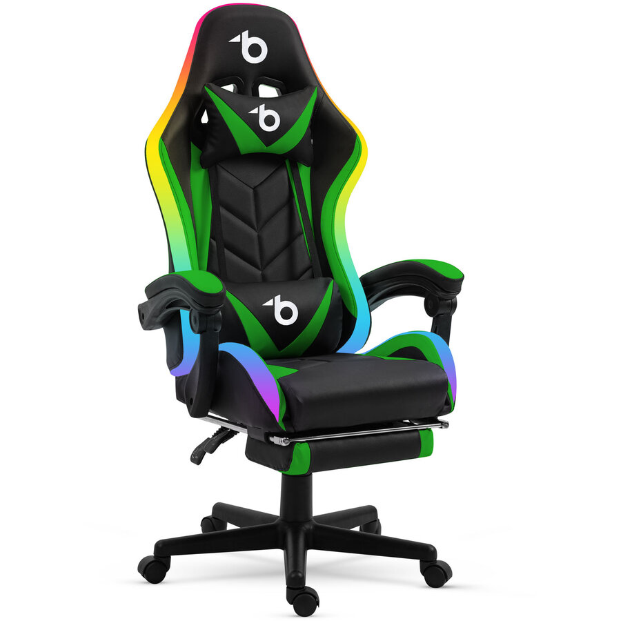 Scaun Gaming RGB LED cu Cotiere Perna Negru/Verde