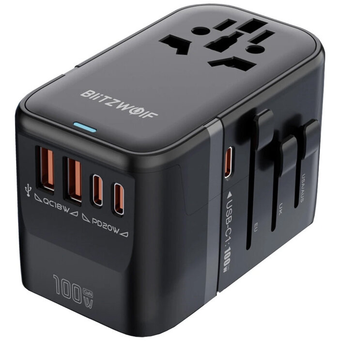 Incarcator BW-TA2 5-in-1, 100W, 2x USB-C, 2x USB-A, 1xUSB-C PD, Compatibil cu prize UE/UK/AU/SUA, Negru