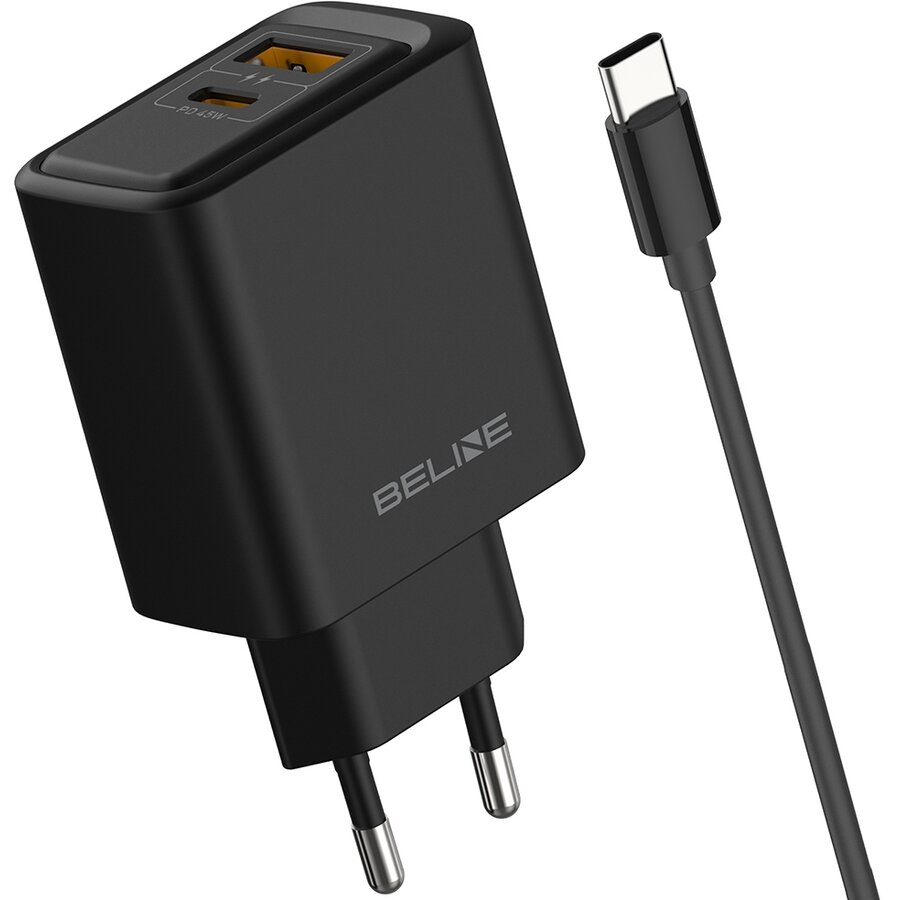 Incarcator retea Beline, 45W, 3A, 1x USB-C, 1x USB-A, Cablu USB-C/USB-C inclus, Negru - imagine 2