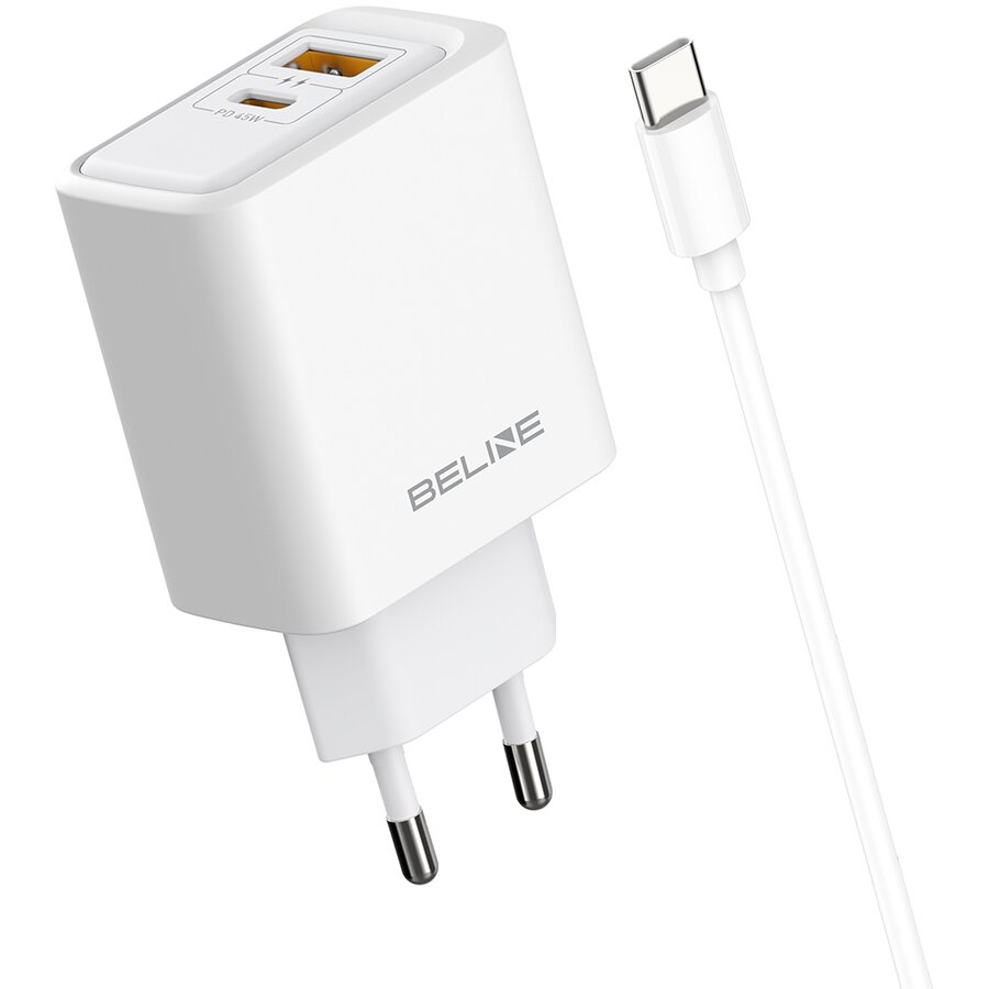 Incarcator , 45W, 3A, 1x USB-C, 1x USB-A, Cablu USB-C/USB-C inclus, Alb