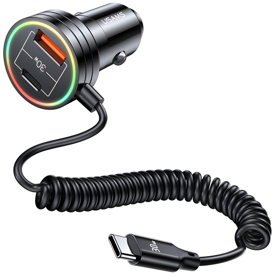 Incarcator auto USAMS C33, 2xUSB-C, 1xUSB-A, 60W, 3A, Cablu USB-C inclus, Fast Charge, Negru - imagine 2