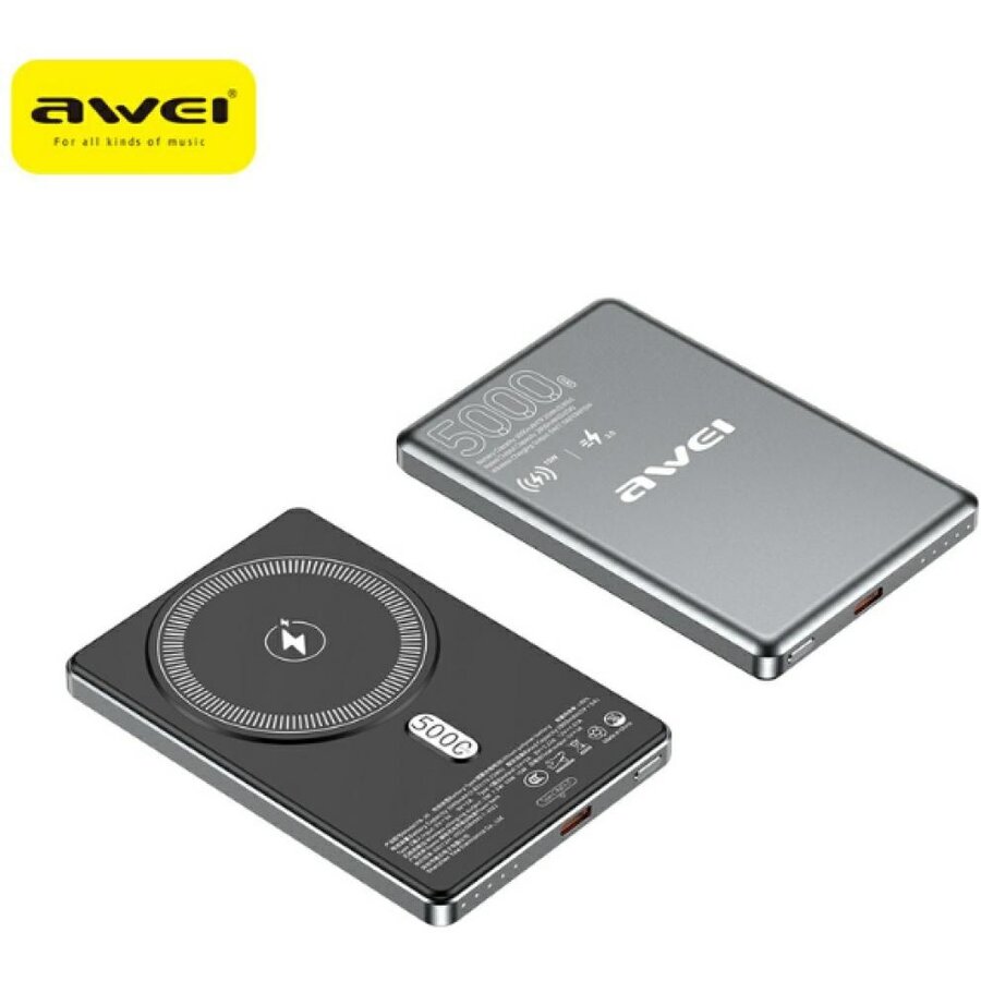 Baterie externa 5000 mAh Awei PA-30 cu MagSafe, 15W, 3A, Incarcare Wireless, Port USB-C, Gri - imagine 2