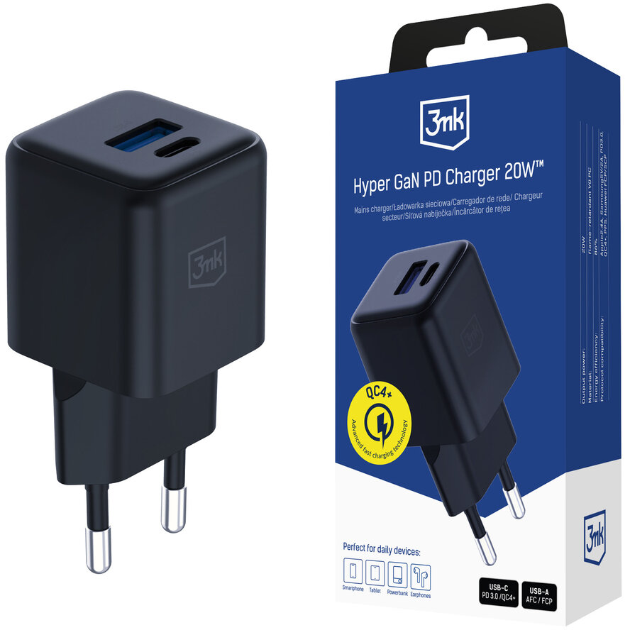 Incarcator Hyper GaN, 20W, 1xUSB-C, 1xUSB-A, Negru