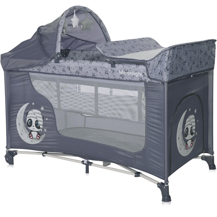 Pat Copii Pliabil Moonlight Plus 2 Nivele Cu Accesorii Cool Grey Pandas