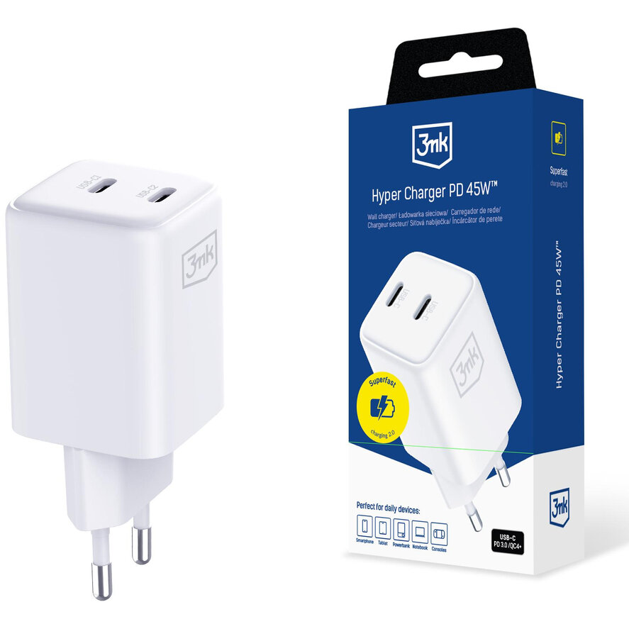 Incarcator Hyper Charger, 45W, 2xUSB-C, Fast Charging, Alb
