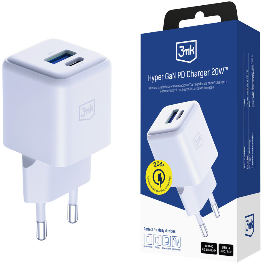 Incarcator Hyper Charger, 20W, 3A, 1xUSB-C, 1xUSB-A, Fast Charging, Alb
