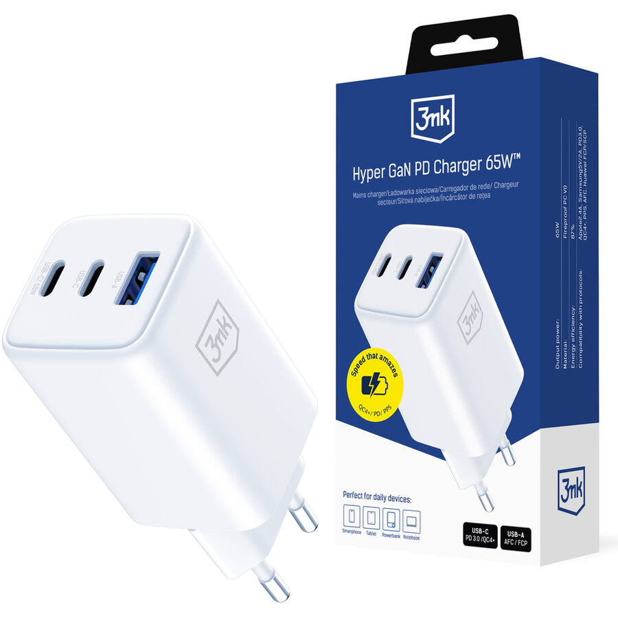 Incarcator Hyper Charger, 65W, 5A, 2xUSB-C, 1xUSB-A, Fast Charging, Alb