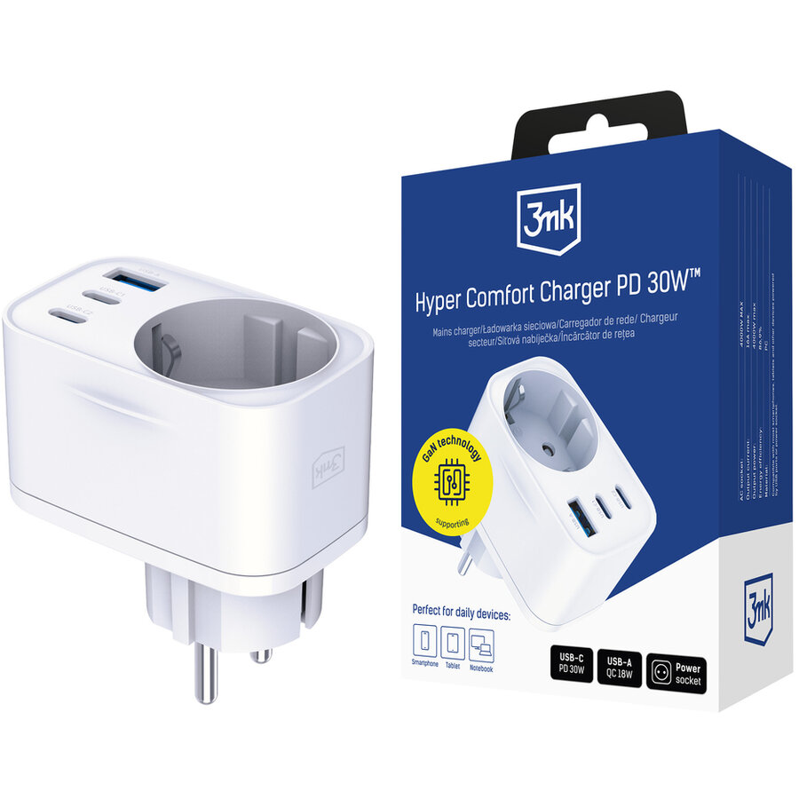 Incarcator Hyper Charger, 30W, 3A, 2xUSB-C, 1xUSB-A, 1xPriza AC, Fast Charging, Alb