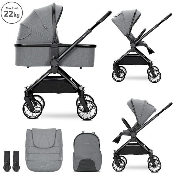 Carucior Set 2 in 1 Reya Cos Individual cu Maner de Transport Maner si Sezut Reversibile pana la 22 Kg Grey