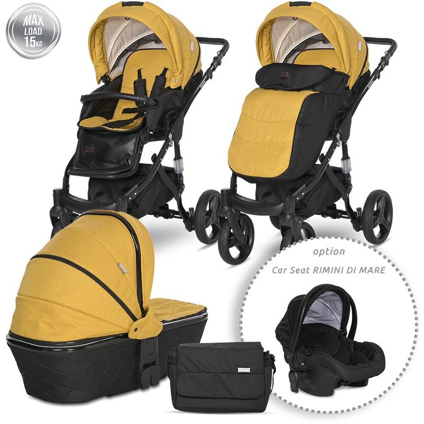Carucior Set Rimini Premium Landou Separat Sezut Reversibil Cadru din Aluminiu Cos Auto Optional Galben-Negru