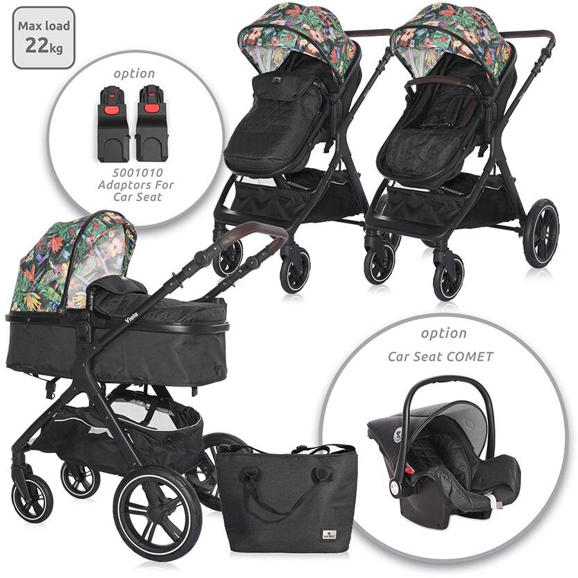 Carucior cu Landou Transformabil Viola de la 0 Luni pana la 4 Ani Maxim 22Kg Cadru Din Aluminiu Cos Auto Optional Tropical Flowers