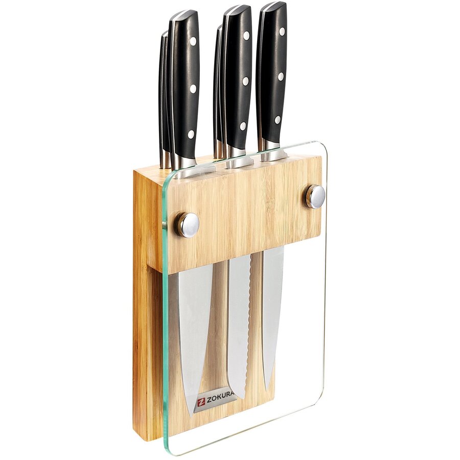 Set 5 Cutite de Bucatarie Z1218 Otel Inoxidabil cu Suport din Lemn de Bambus si Sticla