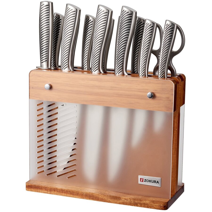 Set Cutite si Ustensile de Bucatarie Z1192 14 Piese Otel Inoxidabil Suport de Lemn