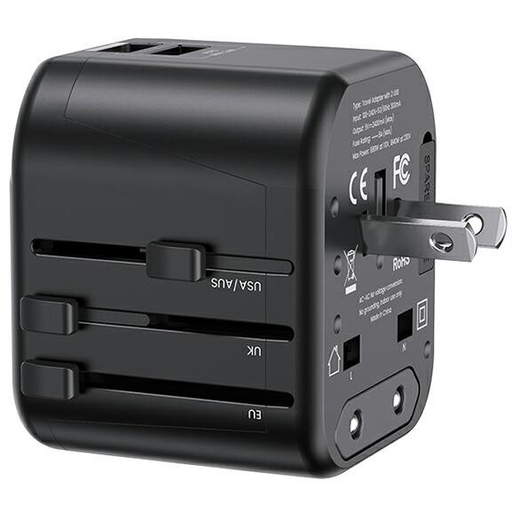 Incarcator T55, 2x USB-A, 12W, Compatibil cu prize EU/UK/US/AU, Negru