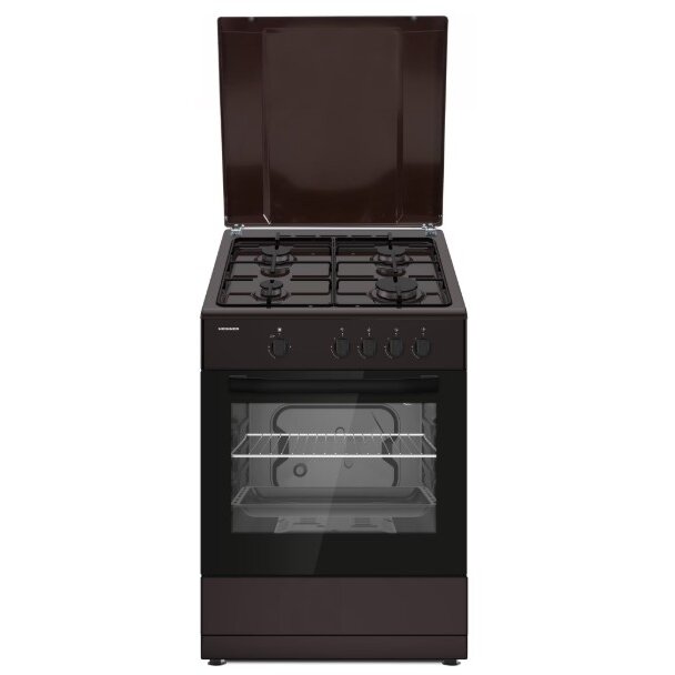 Aragaz Heinner HFSC-SME66IBRW Gaz 4 Arzatoare Suport Email Capac Metalic Aprindere Electrica Dispozitiv de Siguranța Plita și Cuptor Ușă Cuptor cu Geam Dublu Duze GPL Incluse Maro