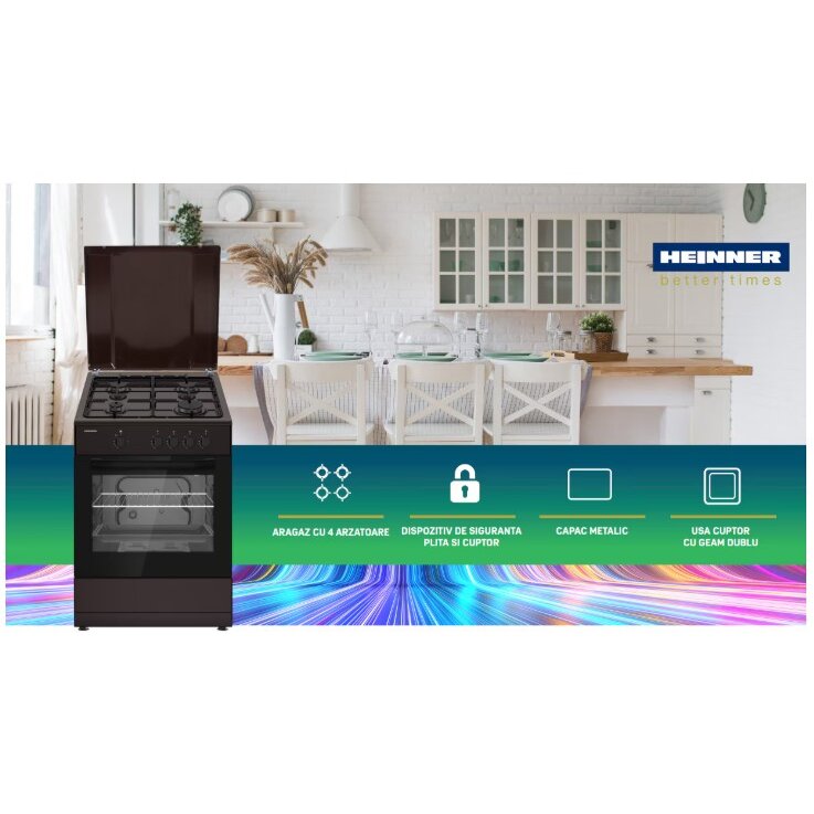 Aragaz Heinner HFSC-SME66IBRW Gaz 4 Arzatoare Suport Email Capac Metalic Aprindere Electrica Dispozitiv de Siguranța Plita și Cuptor Ușă Cuptor cu Geam Dublu Duze GPL Incluse Maro — imaginea 2