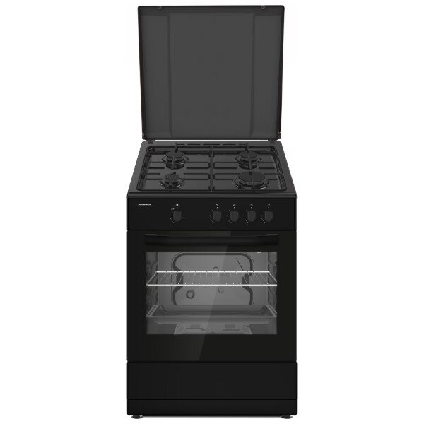 Aragaz Heinner HFSC-SME66IBK Gaz 4 Arzatoare Suport Email Capac Metalic Aprindere Electrica Dispozitiv de Sguranta Plita și Cuptor Ușă Cuptor cu Geam Dublu Duze GPL Incluse Negru